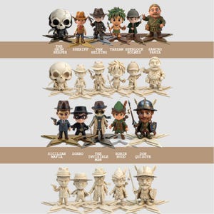 May include: Collection of character figurines, including The Grim Reaper, Sheriff, Van Helsing, Tarzan, Sherlock Holmes, and Sancho Panza. Other figurines include Sicilian Mafia, Zorro, The Invisible Man, Robin Hood, and Don Quixote. Each figurine is on a star-shaped base.