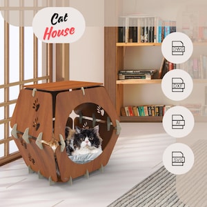 wooden laser cut cat house digital download svg,dwg,dxf,ai pet house, home decor, dog house , cat furniture,handmade,modern indoor cat house