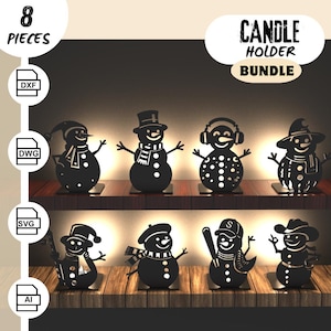 May include: A set of eight black metal candle holders shaped like snowmen. The candle holders are designed to be used with tea lights. The set includes a variety of snowman designs, including a snowman wearing a hat, a snowman wearing headphones, and a snowman wearing a cowboy hat. The candle holders are perfect for adding a festive touch to your home decor.