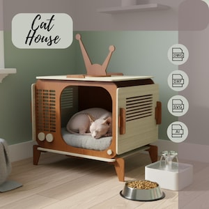 レーザーカットキャットハウス svg-ai-dwg-dxf: ペット用家具の設計図（デジタルダウンロード）