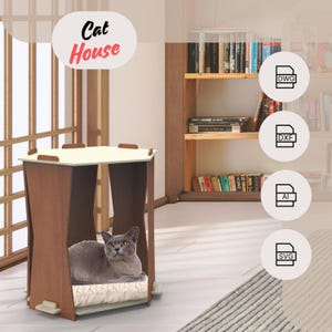 Casa para gatos de madera cortada con láser, descarga digital, svg, dwg, dxf, ai, casa para mascotas, decoración del hogar, casa para perros, muebles para gatos, hecha a mano, para interiores