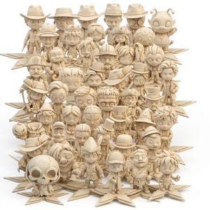 May include: A collection of beige-colored figurines, each depicting a unique character with distinct attire and accessories. The figures are arranged on star-shaped bases, showcasing a variety of hats, coats, and expressions. The overall theme suggests a fantasy or historical setting.