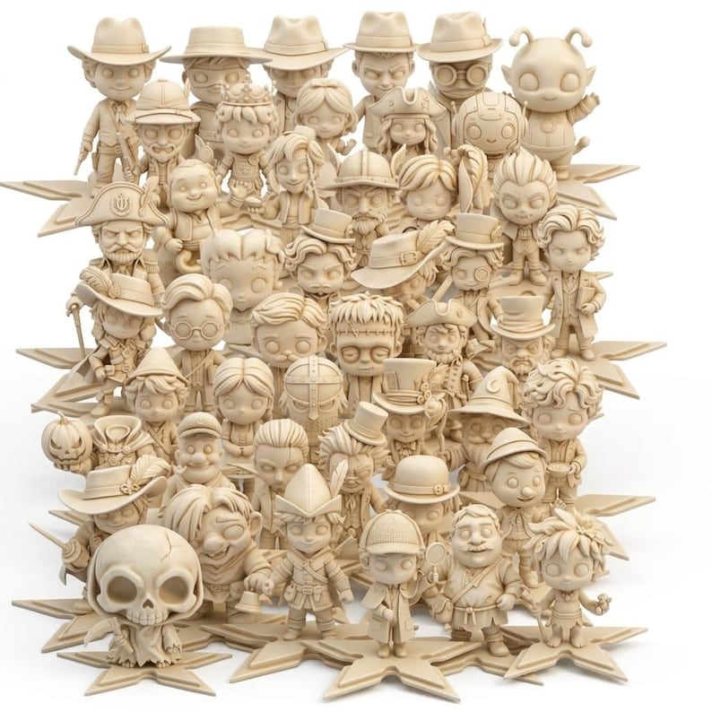 May include: A collection of beige-colored figurines, each depicting a unique character with distinct attire and accessories. The figures are arranged on star-shaped bases, showcasing a variety of hats, coats, and expressions. The overall theme suggests a fantasy or historical setting.