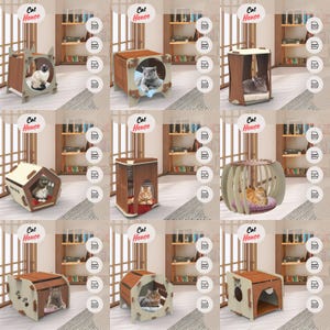May include: Nine different styles of cat houses made of wood. The houses are in various shapes and sizes, with some featuring a roof, others with a round shape, and some with a more traditional house shape. The houses are all made of natural wood and have a light brown colour.