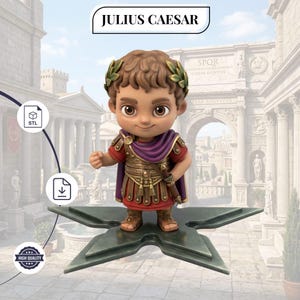May include: A stylised figurine of Julius Caesar wearing a laurel wreath, red tunic, and bronze-coloured armour with a purple cape. The character stands on a dark, star-shaped base. The text JULIUS CAESAR appears in a white box above the figure.