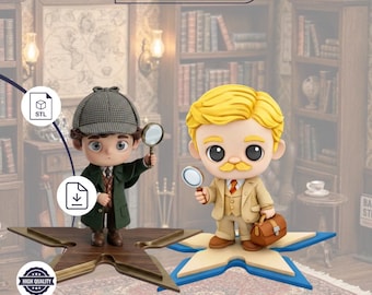 Sherlock Holmes & Dr Watson 3D Chibi STL | Cute Detective Mystery Figure | 3D Printer Files Classic London Sleuth Chibi 3D Model STL