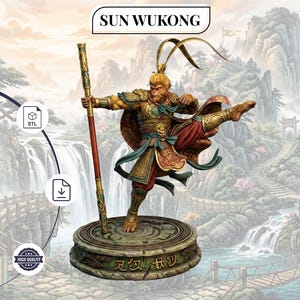May include: A Sun Wukong figurine standing on a circular stone base, holding a long staff with gold and red accents. The character wears ornate gold and red armor with flowing ribbons, captured in a dynamic pose with one leg raised high.