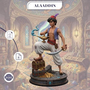 May include: A detailed figurine of Aladdin, holding a magic lamp, with a sword at his side. He stands atop a treasure chest filled with gold coins. The figurine is set against a backdrop of a treasure-filled room. The word "ALADDIN" is displayed at the top.