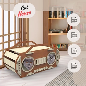 wooden laser cut  digital download cat house svg,dwg,dxf,ai pet house,radio style, dog house , cat furniture,handmade,indoor,vector template