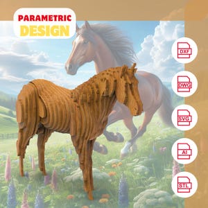 May include: A wooden horse sculpture with a layered design, standing in a field of flowers. The sculpture is made of multiple pieces of wood that are layered on top of each other to create a 3D effect. The horse is brown and has a long mane and tail. The sculpture is surrounded by a field of flowers in various colors, including pink, purple, and yellow. The image also includes the text "PARAMETRIC DESIGN" in yellow letters on a red background. The image also includes icons for DXF, DWG, SVG, AI, and STL file formats.