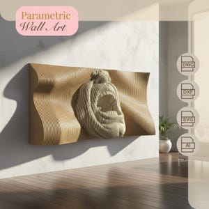 Puede incluir: Una pieza de arte mural paramétrico beige con un diseño tallado, montada en una pared blanca. La obra de arte presenta un relieve texturizado y detallado de una figura. El texto "Parametric Wall Art" está en la esquina superior izquierda.