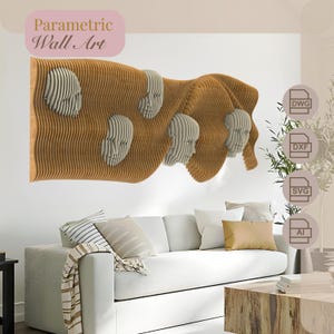 May include: Wooden wall art with a wavy design and several carved faces. The art piece is in shades of brown and beige, mounted on a white wall. The text "Parametric Wall Art" is in the upper left corner.