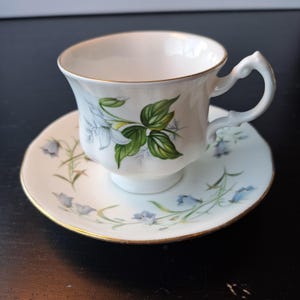 Può includere: Un set composto da tazza da tè e piattino in porcellana bianca con un delicato motivo floreale di foglie verdi e piccoli fiori blu a forma di campanula. Il bordo della tazza e del piattino è rifinito con un sottile profilo dorato.