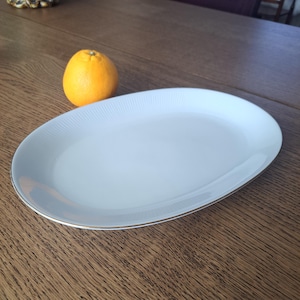 Pode incluir: Uma travessa oval branca com borda dourada e linhas verticais sutis na borda. Uma laranja está à esquerda da travessa em uma superfície de madeira. A travessa é adequada para servir alimentos.