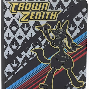 May include: Black binder with the text "CROWN ZENITH" in yellow and white. The binder features a black and gold Lucario character illustration. The background has a pattern of crowns and diamonds with blue and red stripes.