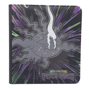 May include: A black trading card binder featuring a central graphic of a dark, spiky creature with a white crest and purple eye. The background displays purple and green light streaks. The text reads Mega Evolution and PITCH BLACK in bold letters.