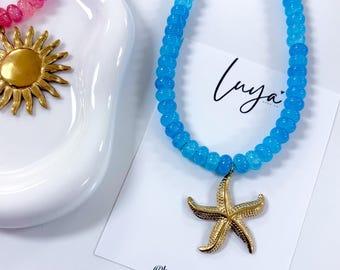 Blue Starfish Beaded Necklace, Coastal Jewelry, Beach Necklace, Ocean Inspired Jewelry, Summer Necklace