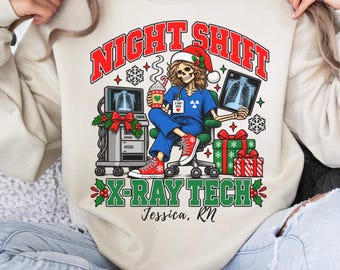 Custom X Ray Tech Sweatshirt, Christmas Radiology Crewneck,Night Shift Skeleton Xray Tech Sweater,Radiologic Technologist Holiday Gift