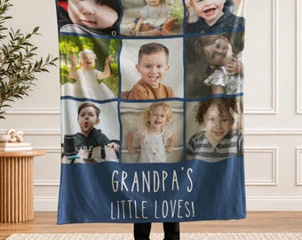 May include: A rectangular fleece blanket featuring a grid of nine individual photographs of children. The bottom section is a solid dark blue color with the white text "GRANDPA'S LITTLE LOVES!" printed in a clean, sans-serif font.