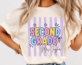 Comfort Colors Custom Second Grade Teacher Shirt Personalized Name Tee Retro Stripe Teacher Team Shirt Back to School