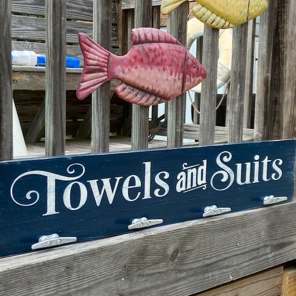 Towels and Suits sign, pool sign, nautical towel rack, nautical bath, boating sign