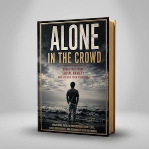 Pode incluir: Um livro de capa dura intitulado Alone in the Crowd, apresentando um céu escuro e nublado sobre um mar com uma pessoa em pé na costa. O texto da capa diz: Break Free From Social Anxiety And Unlock Your Potential e A Practical Guide.