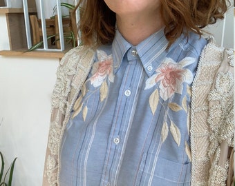 Upcycled magnolia embroidered button down shirt