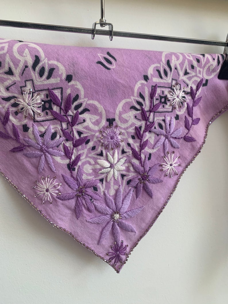 vintage lavender bandana with floral embroidery and beading image 2