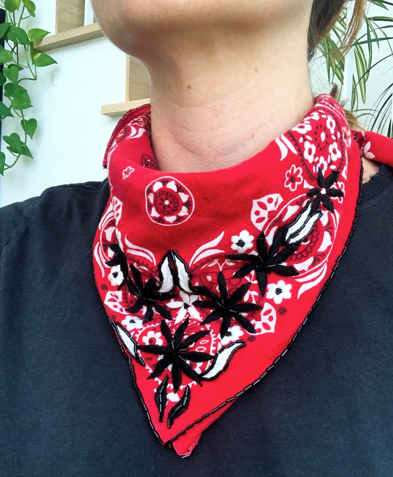 upcycled hand embroidered bandana with beading image 2