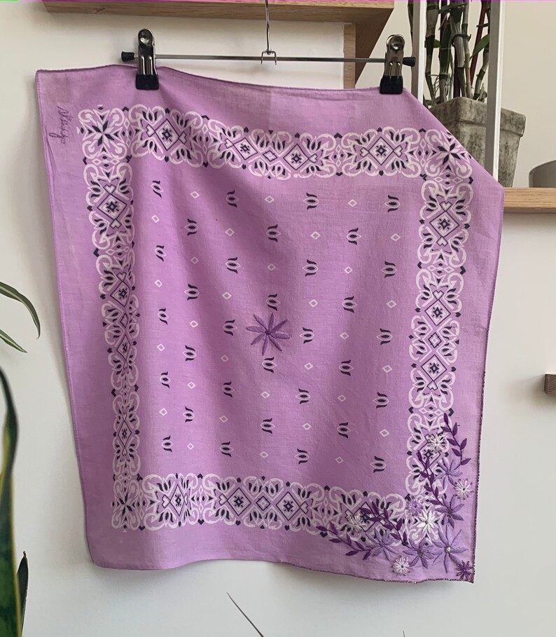 vintage lavender bandana with floral embroidery and beading image 6