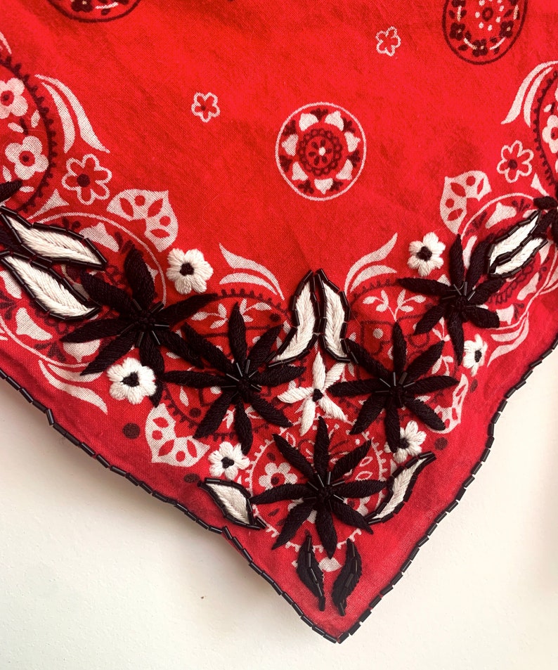 upcycled hand embroidered bandana with beading image 4