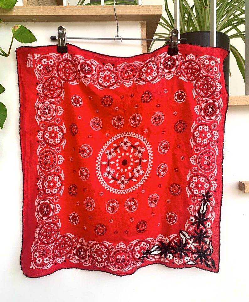 upcycled hand embroidered bandana with beading image 5