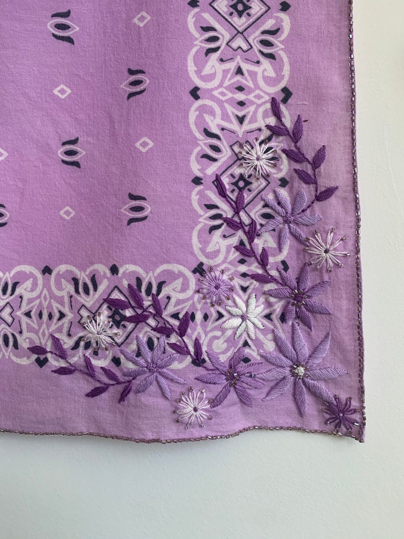 vintage lavender bandana with floral embroidery and beading image 7