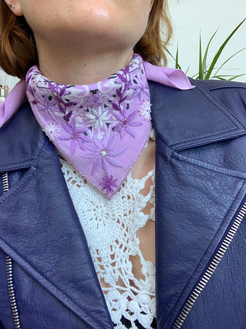 vintage lavender bandana with floral embroidery and beading image 4