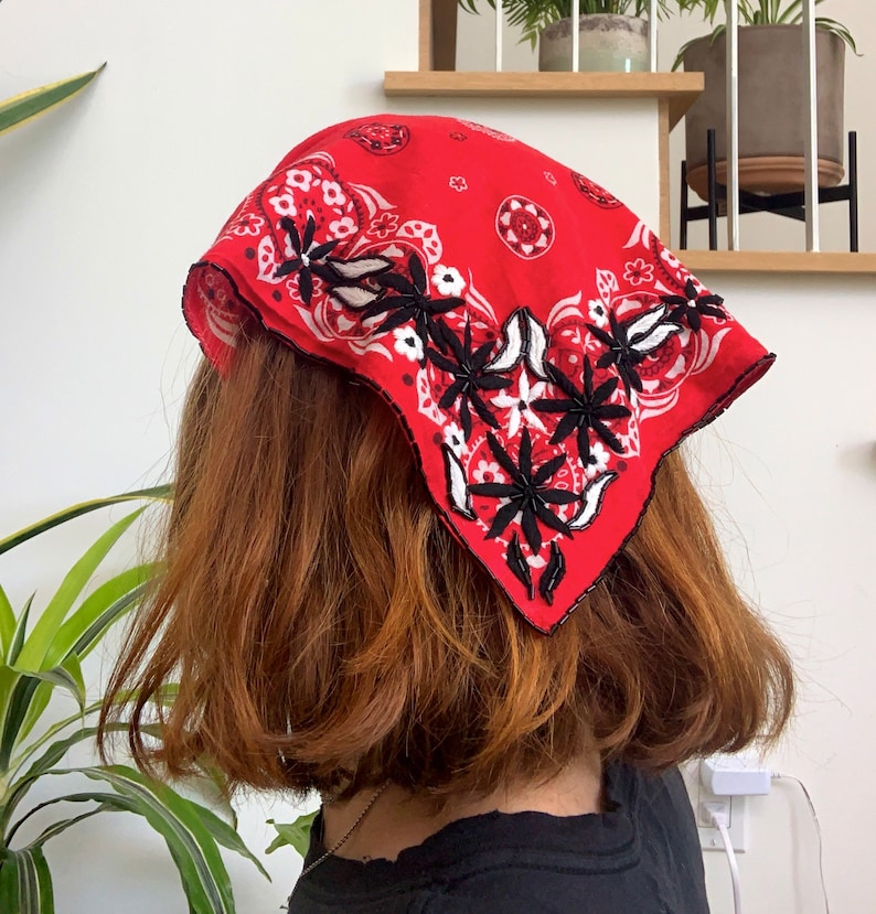 upcycled hand embroidered bandana with beading image 1