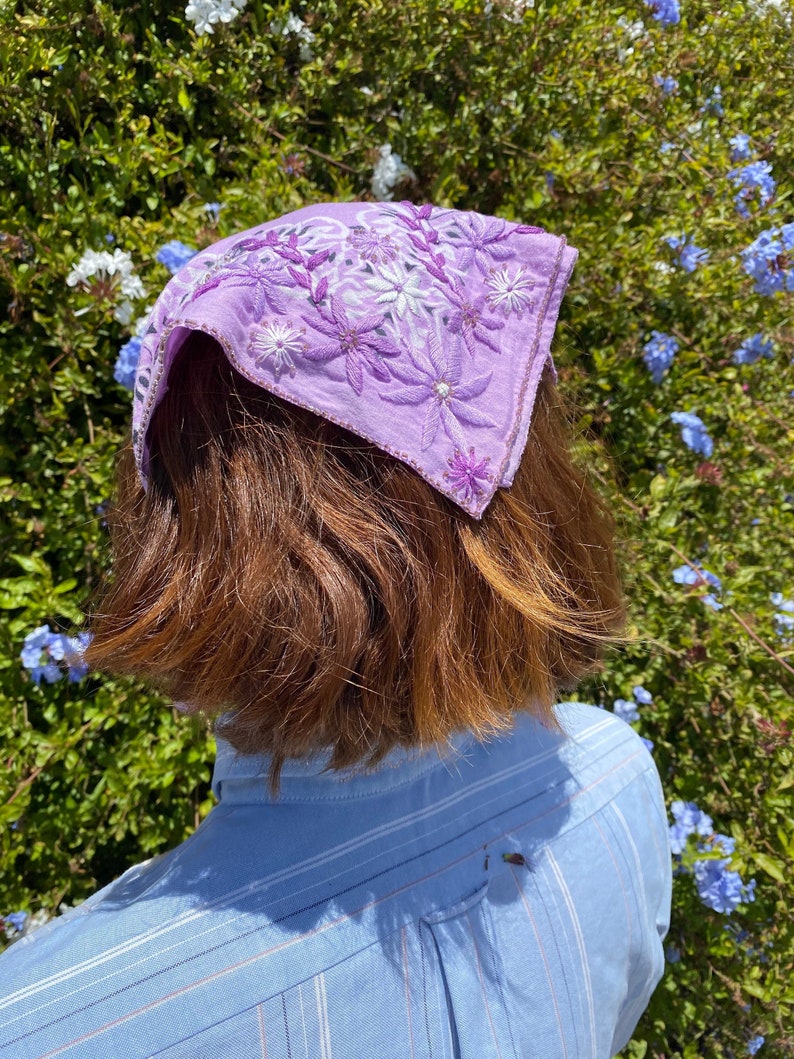 vintage lavender bandana with floral embroidery and beading image 1