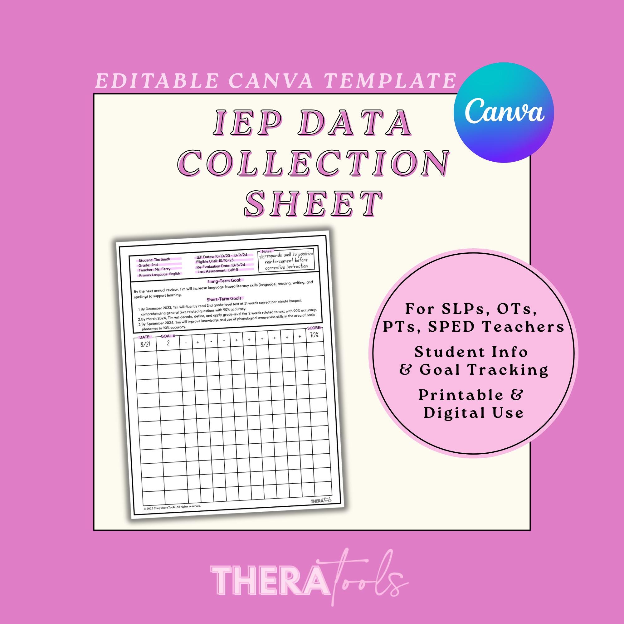 IEP Data Collection Sheet, Goal Tracking for Slps (canva Template) - Etsy