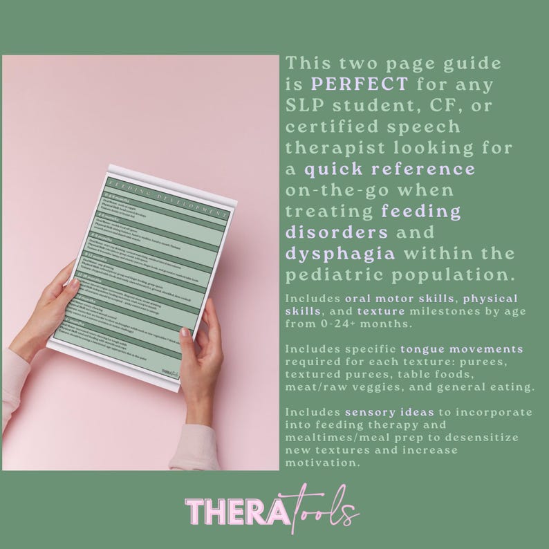 May include: A two-page guide for speech-language pathologists (SLPs) and certified feeding therapists. The guide includes information on treating feeding disorders and dysphagia in children. The guide features a checklist with the text "Feeding Milestones" at the top.