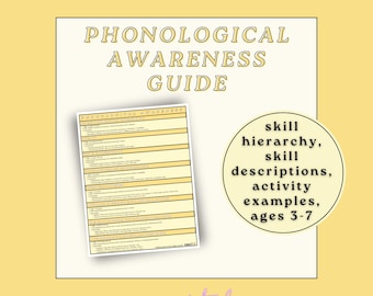 May include: A yellow and white guide for phonological awareness. It includes a skill hierarchy, skill descriptions, activity examples, and ages 3-7. The guide is titled "Phonological Awareness Guide".