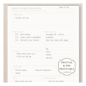 Minimal Family Planner Printable Daily Organizer Mom Schedule Template Digital Meal Planning Reminders Household Management Simple Parent