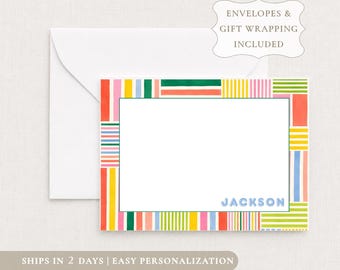 Gepersonaliseerde briefpapier voor kinderen Platte kaartenset Aangepaste kindercorrespondentie Preppy gestreepte notities Kleurrijke kaart Envelop Tween Schrijfpapier