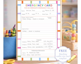 Emergency Contact Card Template Printable Allergy for Babysitter Reference Sheet Medical Information School Card Design Colorful Daycare