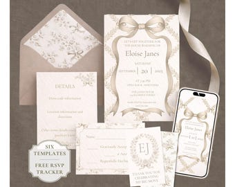 Printable Invitation Template Bow Invite Set Wedding Printable House Warming Digital Rsvp Tracker Design Elegant Celebration Baby Shower