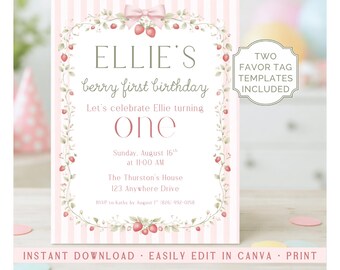 Berry First Birthday Invitation Template Coquette Bow Digital First Party Printable Pink Stripe Favor Tag Editable Strawberry Summer Party