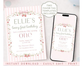 Strawberry Birthday Invitation Template Digital First Party Printable Pink Stripe Favor Tag Editable Design Summer Celebration Berry Theme