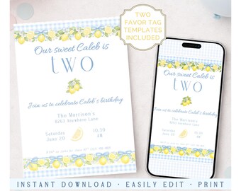 Lemon Gingham Birthday Invitation Template Main Squeeze Party Invite Blue Summer Citrus Birthday Editable Printable Digital Invite Favor Tag