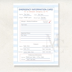 Kid&#39;s Emergency Information Card | Emergency Information | Emergency Contact Card | Digital Download | Print Ready | Editable Template