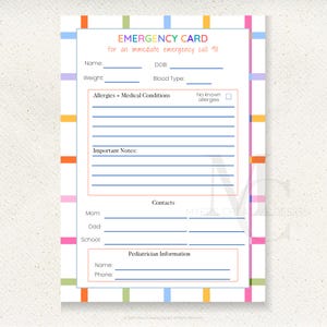 Kid&#39;s Emergency Information Card | Emergency Information | Emergency Contact Card | Digital Download | Print Ready | Editable Template