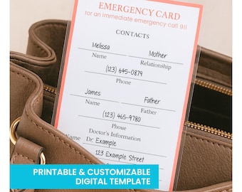 Emergency Contact Card Template Printable Allergy Information Medical Details School Document Daycare Safety Identification Wallet Size