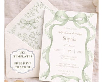 Editable Invite Set Green Bow Digital Invitation Template Party RSVP Card Greenery Envelope Liners Printable PDF Instant Digital Download